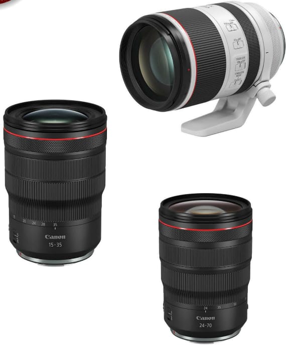 Canon RF 15-35mm, 70-200 F2.8, 24-70F2.8